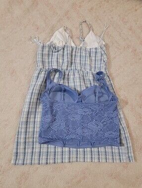 Blue Lace Bustier Top  And Blue-White Plaid Sundress Bundle